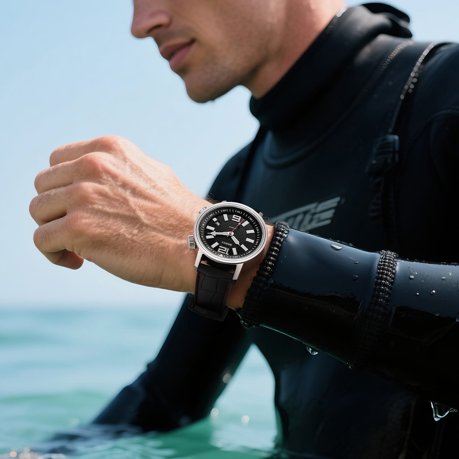 BERNY Automatic Dive Watches for Men, Sport 200M Waterproof Analog Mechanical Watch with Date, Super Luminous, Fluororubber Strap, Sapphire Crystal, Fashion Men's Pro Diver Watch (Black)