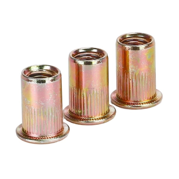 Tuerca de remache de cabeza plana de acero al carbono galvanizado de colores, 100 Uds., tuerca moleteada con orificio pasante, tuercas remachadas redondas Nutsert