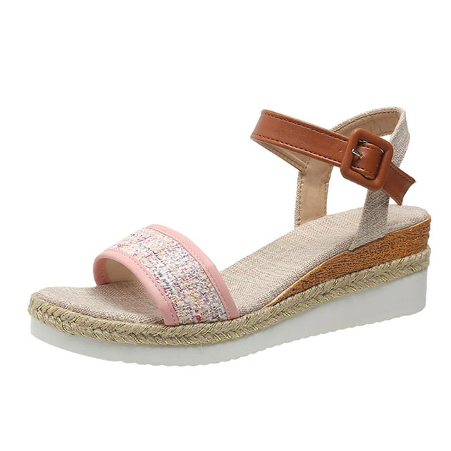 Ladies Fashion Summer Sandals with Sequins Decorative Open Toe Buckle Design Wedge Heel Thick Sole for Women