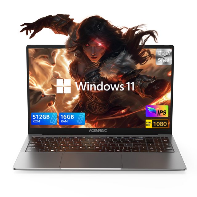 acemagic laptop, windows 11 laptop computer,16gb ddr4 512gb ssd, quad-core n95 processor, 15.6 ips 1080p pc,180° open angle,long battery life,metal shell,wifi, bt5.0, usb3.2, type_c — Vista frontal de un portátil ACEMAGIC de metal de 15.6" FHD IPS con biseles delgados y Windows 11; teclado chiclet, gran trackpad, cámara frontal centrada y puertos listados (HDMI tipo A, USB 2.0, 2× USB3.2, Type-C datos, conector para auriculares, ranura TF). Apto como estación de trabajo portátil para estudio o viajes.