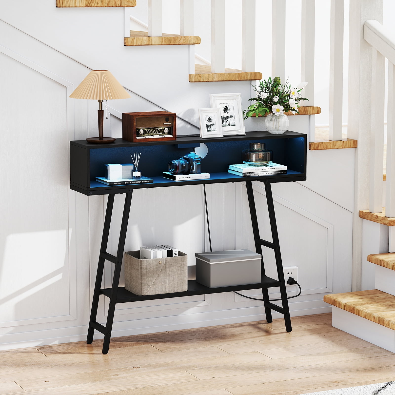 Gymax 40'' Console Table w/ Power Strip 3-Tier Entryway Table w/ RGB LED Lights Black
