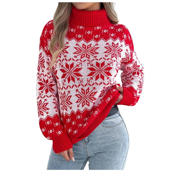 larppty Women 2025 Fall Casual Turtleneck Long Sleeve Chunky Oversized Ribbed Tunic Sweaters Pullover Knitted Printed Tops (Red, S)