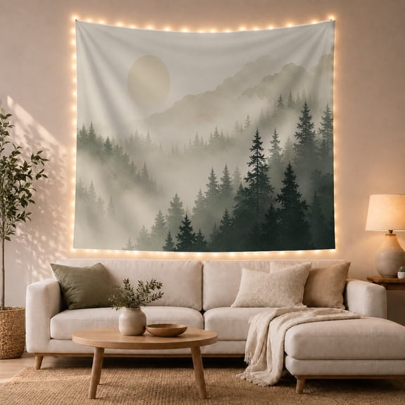 Mountain Lake Forest with Main Stand Evergreen Trees, Mystical Fantasy for Space Lovers, Galaxy Room Decor, Housewarming Gift, Tapestry Wall Hanging for Bedroom and Dorm