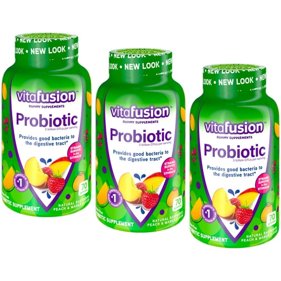 3 Pack Vitafusion Probiotic Gummy Supplement Raspberry Peach Mango 70 Gummies