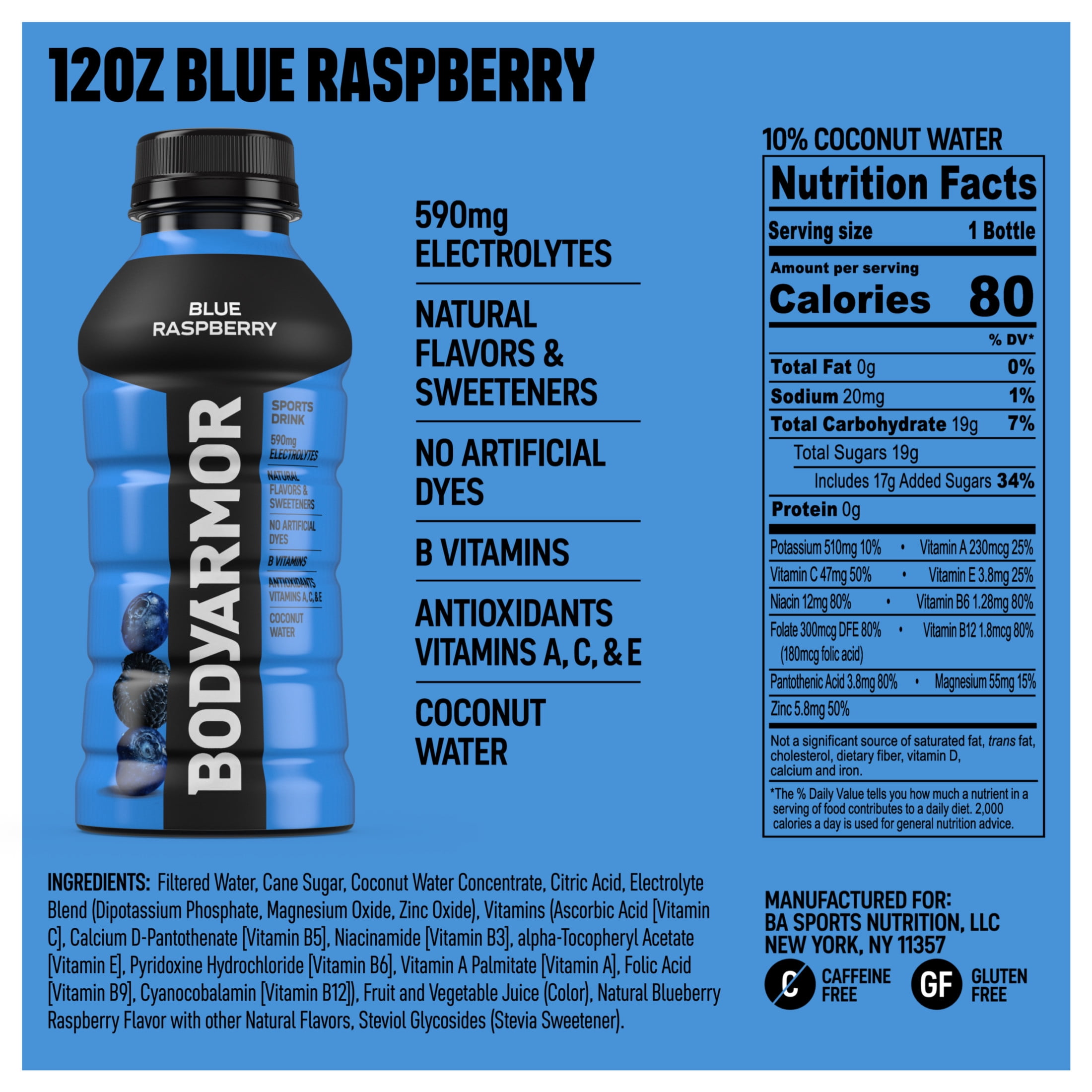BODYARMOR Sports Drink Blue Raspberry, 12 fl oz, 18 Pack