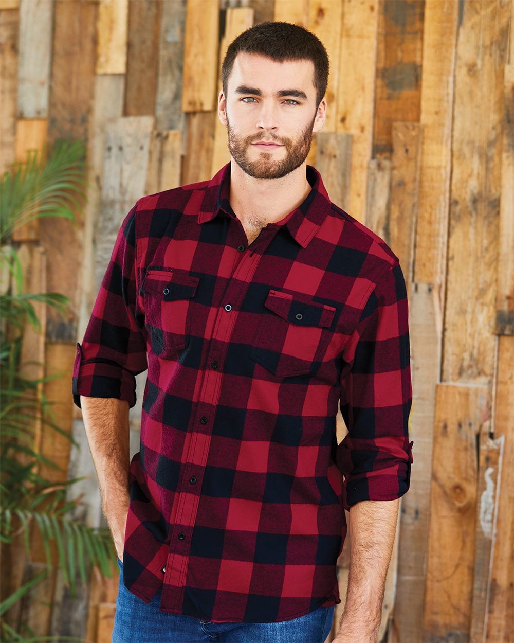 Men's Button Down Long Sleeve Flannel Shirt (Black, Large) (BW8281)