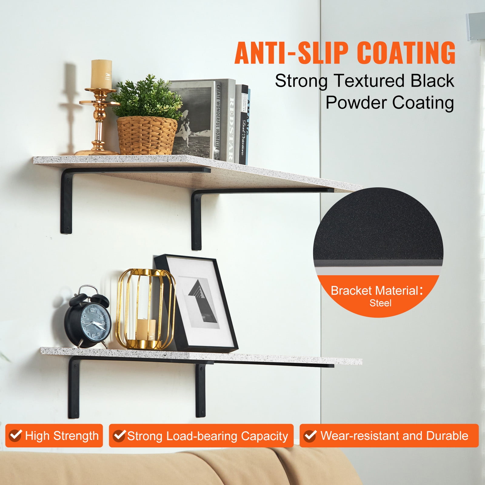 KFFKFF Bracket for Shelves, Set of 4, Dimensions 16 x 6 inches, Robust Wall Mounted Shelf Brackets, Matte Black L Shaped Bracket, Constructed from 10mm Thick Steel, Supports Weight up to 160 lbs