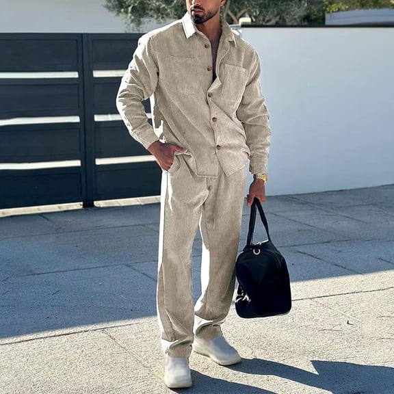 Aueoeo Men's Fall Faux 2 Piece Tracksuit Button Up Long Sleeve Jacket & Loose Pants Fashion Casual Corduroy Set With Pocket