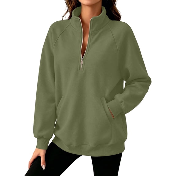 Dolkfu Zip Mock Neck Women'S Tops Fashion Green Long Sleeve Sweatshirt Modern Outdoor Solid Relaxed Fit Tops Army Green,L