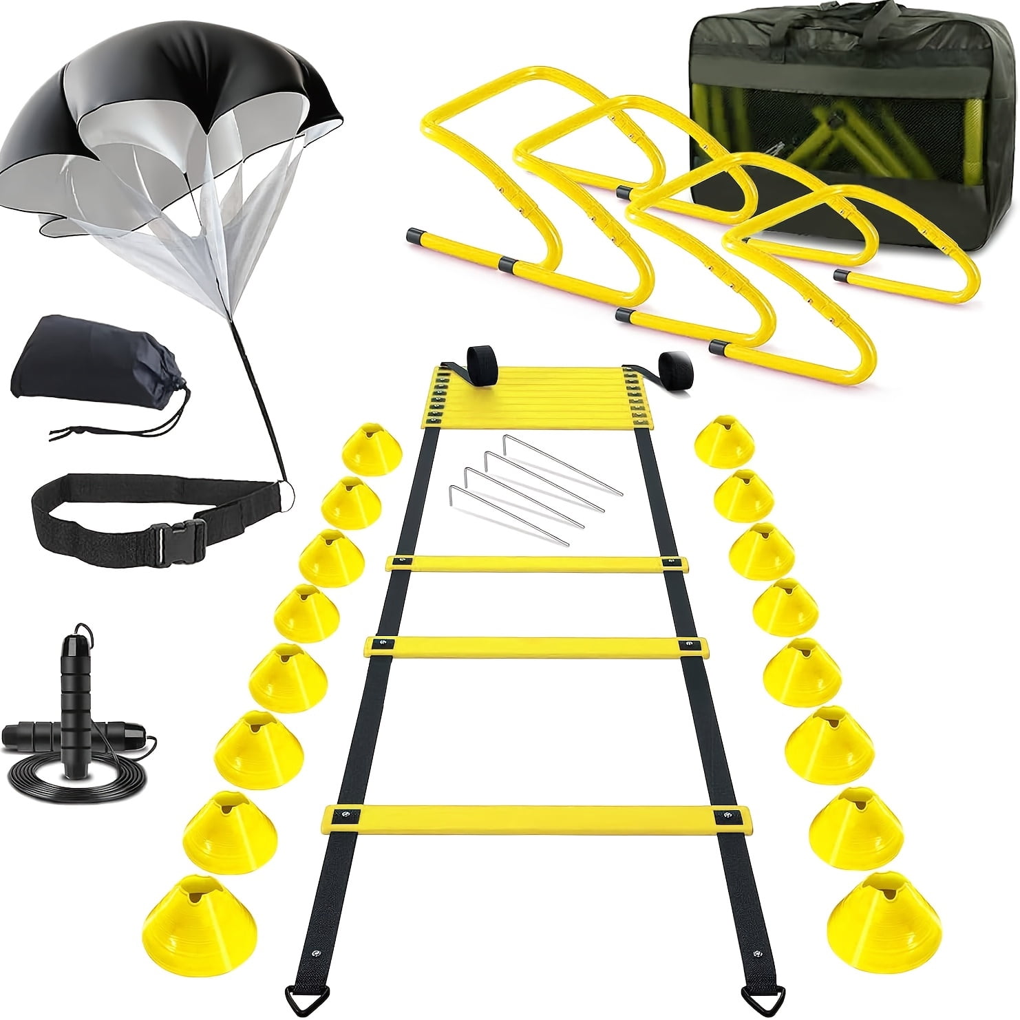 Agility Training Equipment, Football Training Equipment Includes 20FT Agility Ladder, 4 Adjustable Agility Hurdles, 12 Football Cones, Parachute, for Training Soccer Basketball Athletes