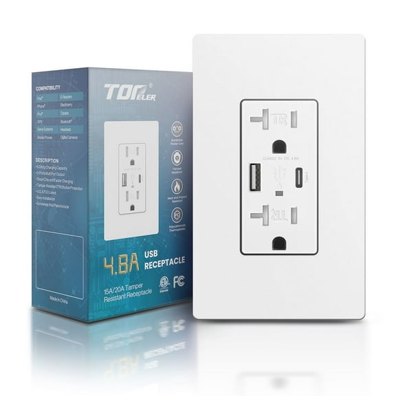 TOPELER Charger Wall Outlet, USB Receptacle with Type A & Type C USB Ports, 4.8A 20 Amp Duplex Tamper Resistant Receptacle, Screwless Wall Plate Included, ETL Listed & FCC Approval