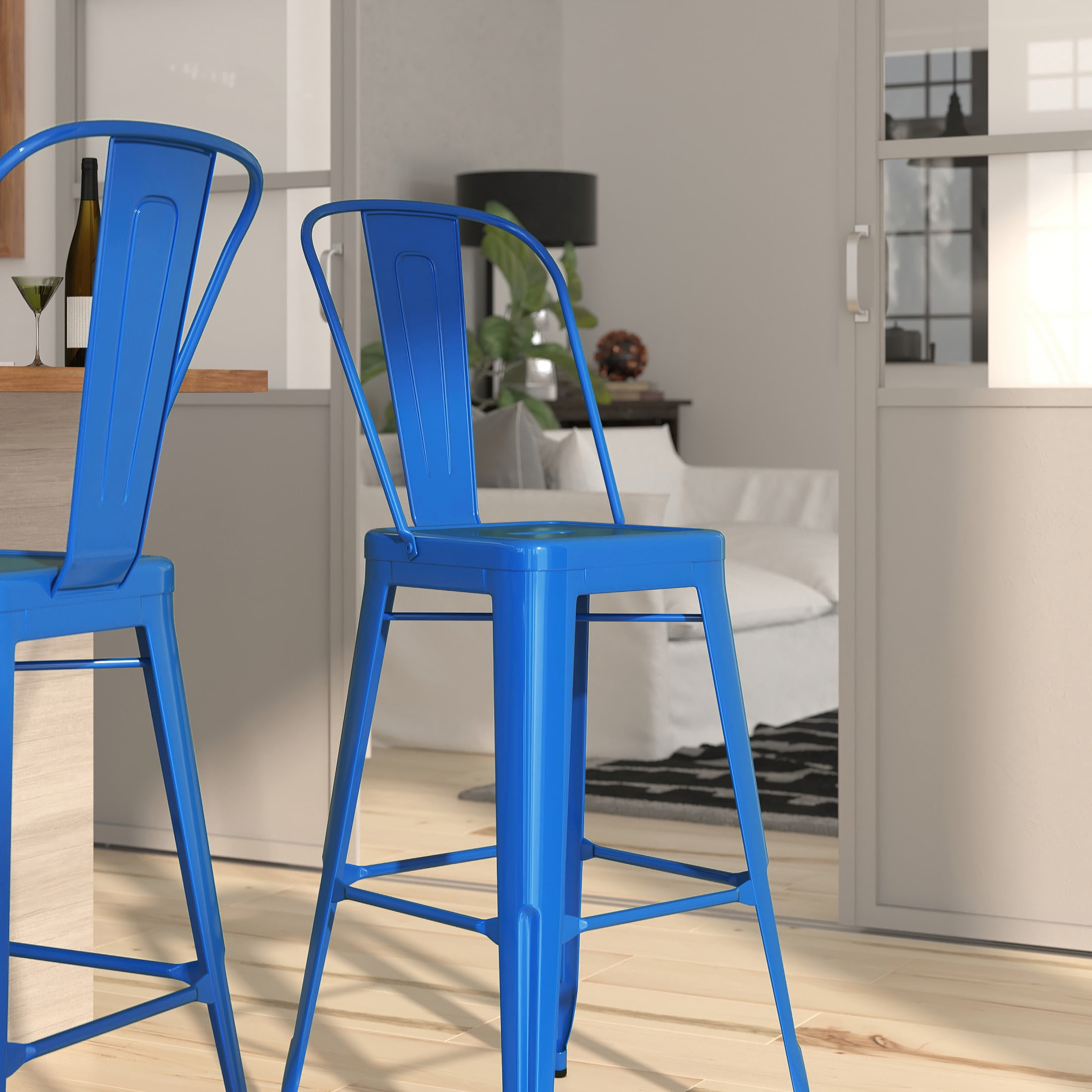 Merrick Lane Blue 30" High Metal Bar Height Stool with Removable Back for Indoor-Outdoor Use