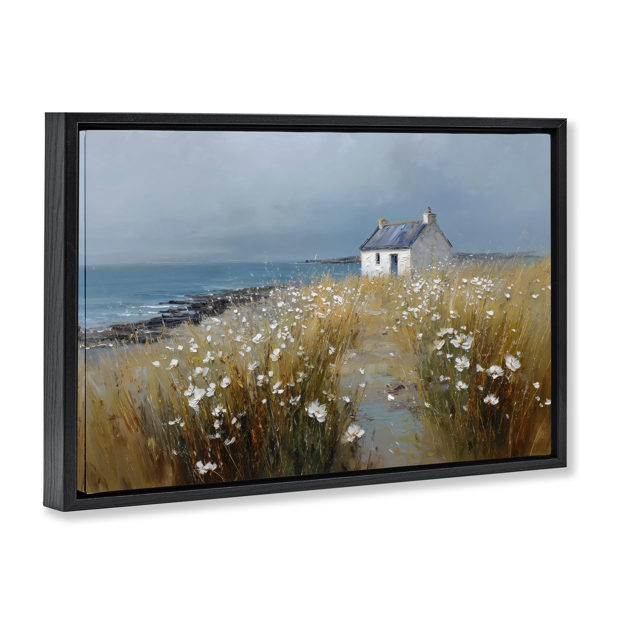 Stupell Industries Oceanfront Cottage Wildflowers Black Framed Floater Canvas Wall Art, design by Petal Prints Design