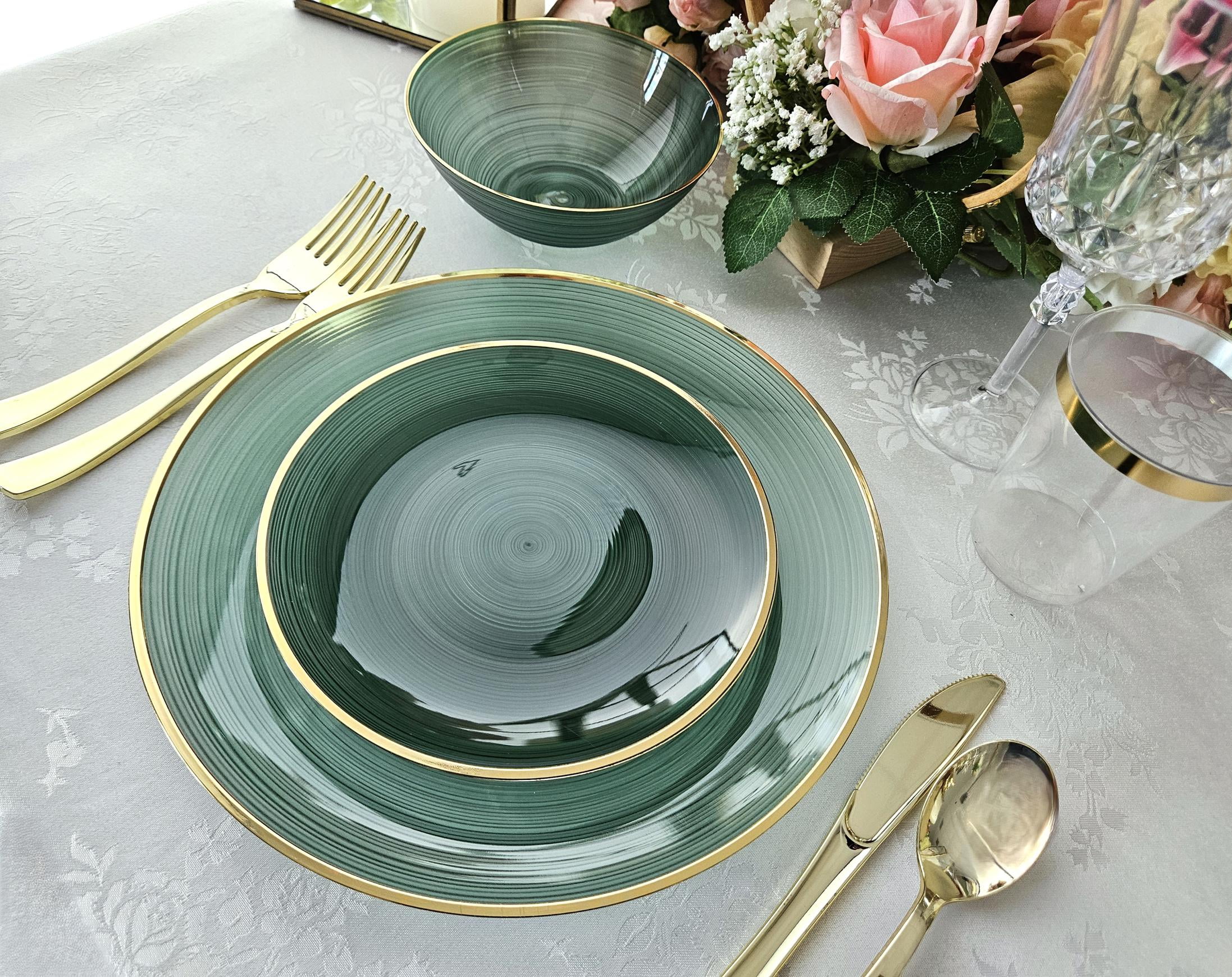 " OCCASIONS " 50 Plates Pack (25 Guests)-Wedding Party Disposable Plastic Plate Set -25 x 10'' Dinner + 25 x 7'' Salad & Dessert plates (Belize in Green & Gold)