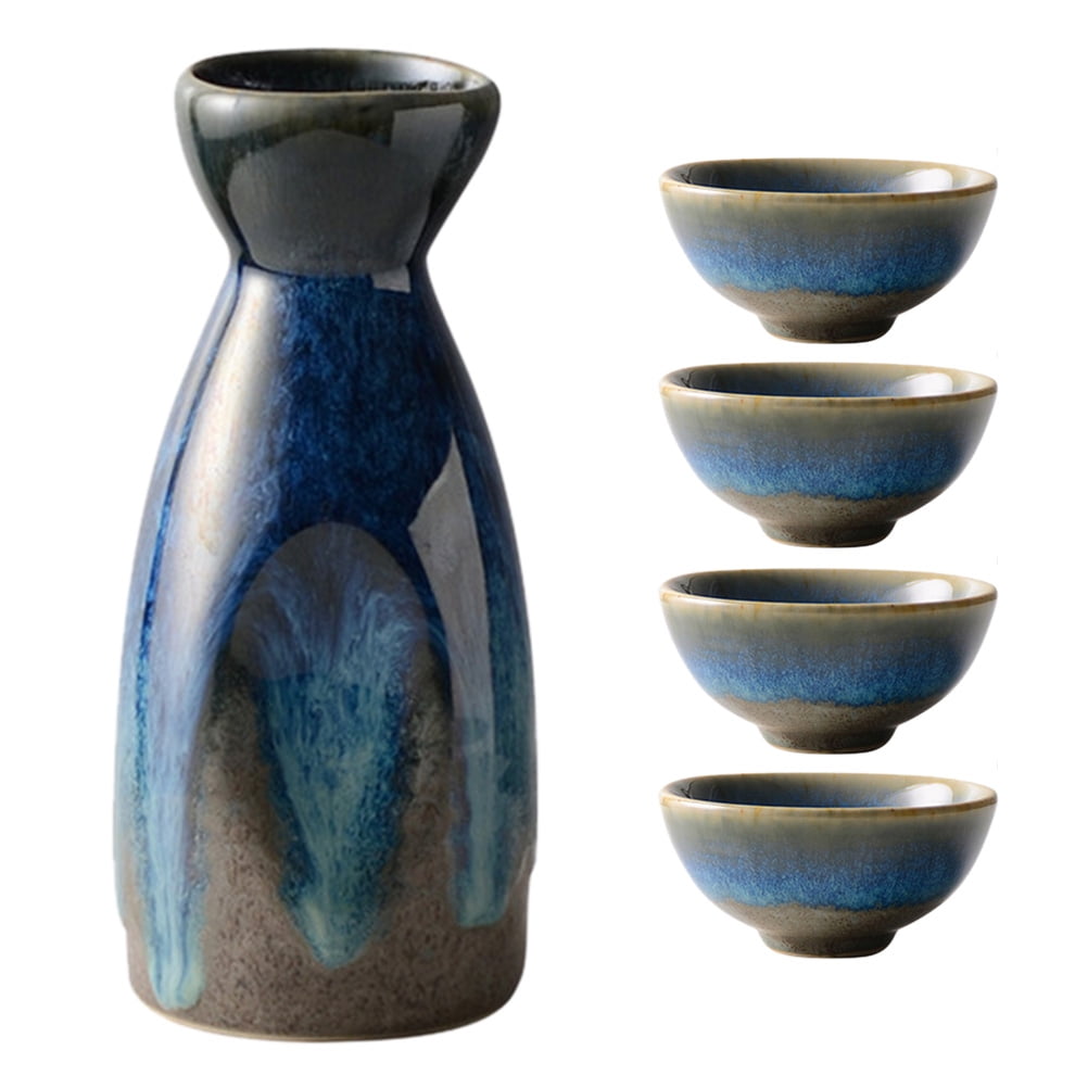Omeite Japanese sake pot and wine cup set 1 pot and 4 cups (4 small cloth pattern wine glasses + 1 wine pot) - random pattern
