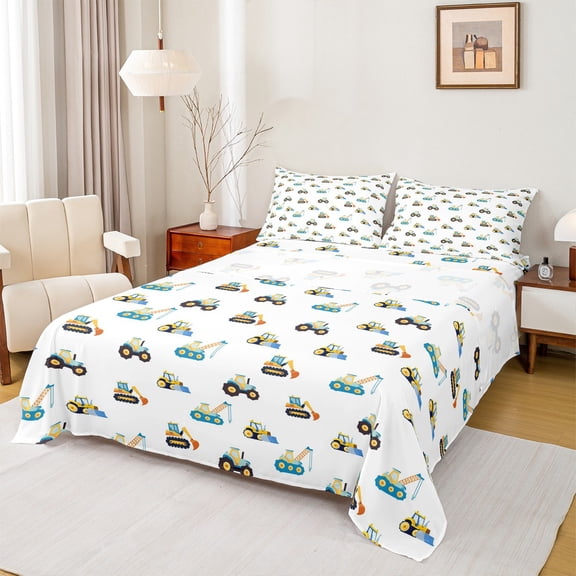 Manfei Excavator Bulldozer Full Size Sheets,Construction Vehicles Bed Sheets,Yellow White Blue Sheet Sets For Boys Kids,Super Cozy Room Decor,4-Piece
