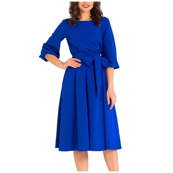 IROINNID Cocktail Dress for Women Wedding Guests Dresses for Women Long Sleeve Round-Neck Slim Dress Solid Classic Dress Deals,Blue