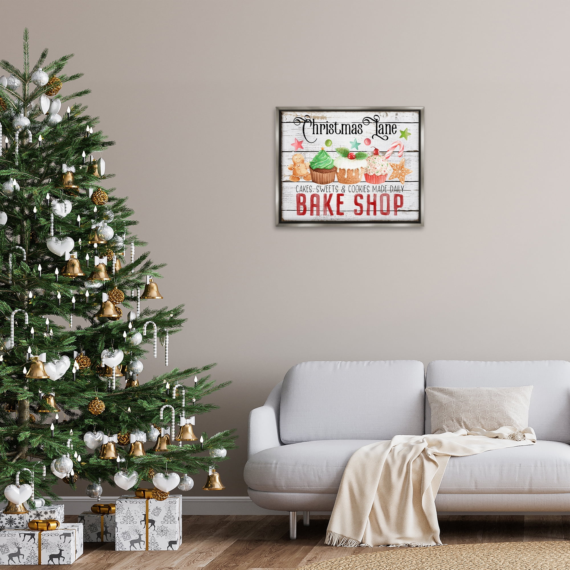 Stupell Industries Christmas Lane Bake Shop Holiday Painting Gray Floater Framed Canvas Art Prints Wall Art, 31 x 25