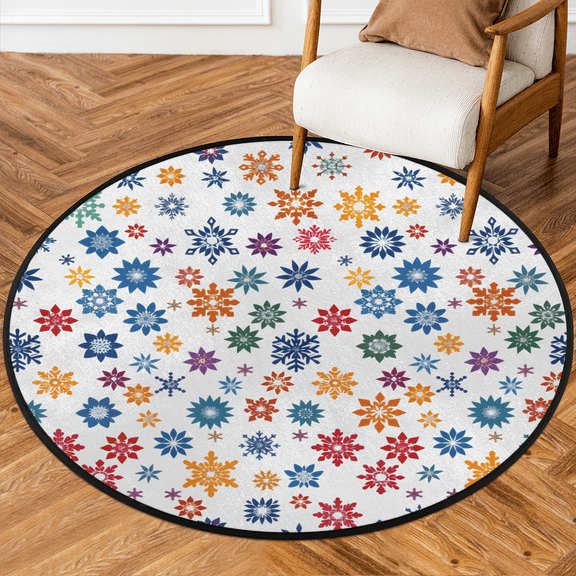 CURLYOOT Round Rug 3ft Abstract Snowflakes Area Rug, Washable Circle Mat Non Slip Floor Carpet Mat, Vintage Soft Indoor Rugs for Entryway Living Room Dining Room Bedroom