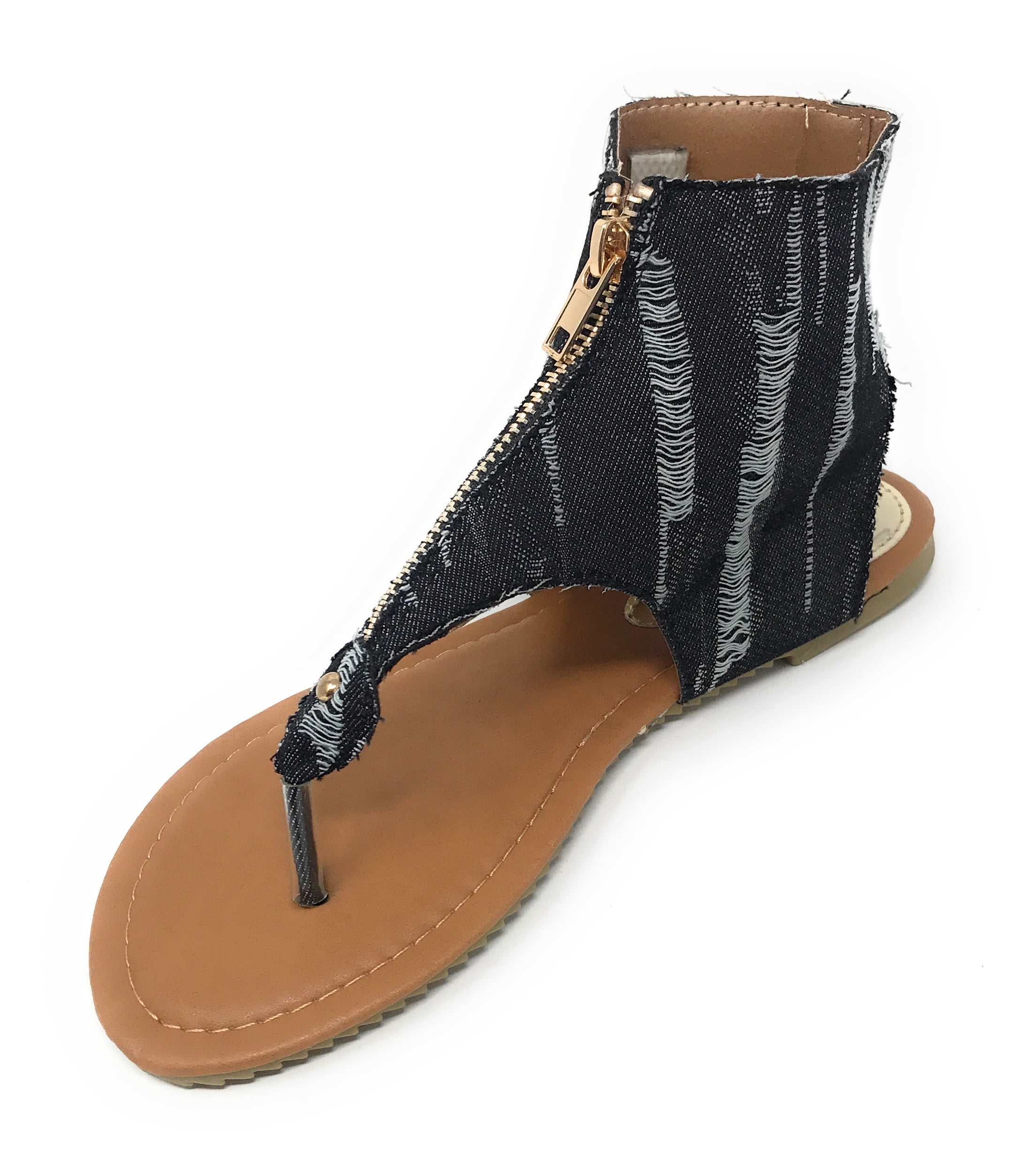 Victoria K Women's Distress Denim Zip Front Sandals