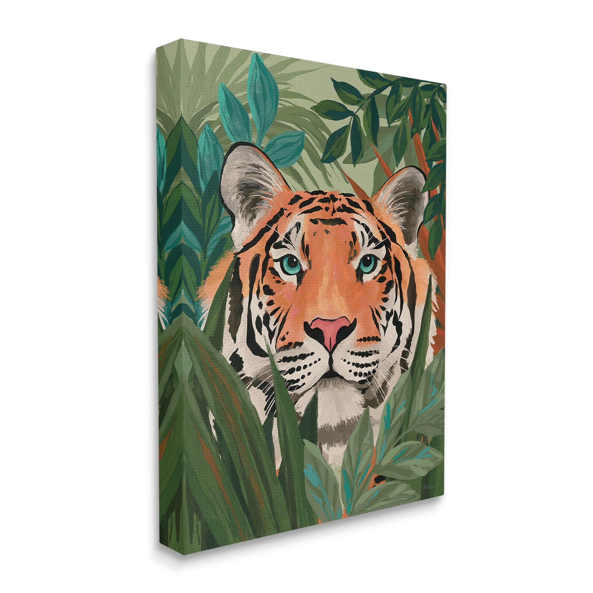 Stupell Industries Tiger Peeking in Leaves Animals & Insects Painting Gallery Wrapped Canvas Art Print Wall Art, 30 x 40