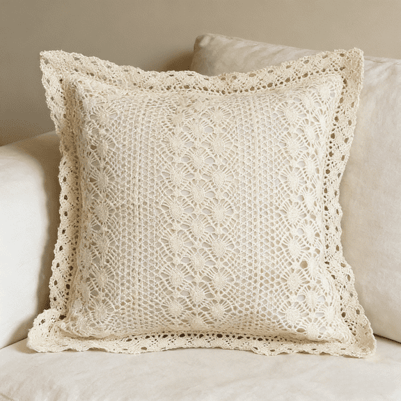 Hand Crocheted Throw Pillow Cover - 100% Cotton Boho Decorative Cushion for Sofa Bed, Unique Handmade Home Decor Gift, 19.7" x 19.7"