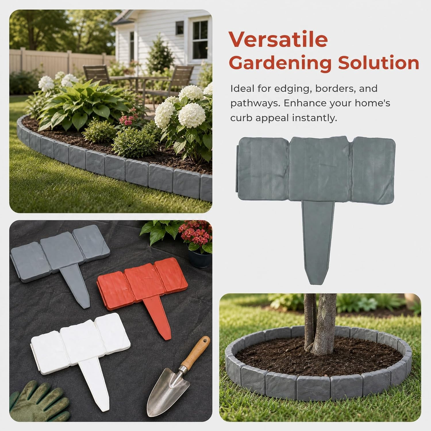 Imitation Stone Garden Fence - DIY Garden Edging Border, Decorative Landscape Edging Interlocking Plastic Lawn for Flower Bed, Pathway, DIY Outdoor Yard Decor, Weather Resistant (10, Brick Red)