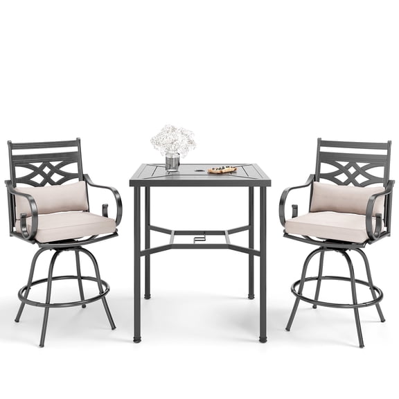 SUMMIT LIVING 3-Piece Outdoor Swivel Bar Stool Bistro Set, 2 Patio Bar Stool Height Chairs with Cushion&Backrest and 1 Metal Bar Table, Black&Beige