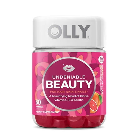 OLLY Undeniable Beauty Gummy, 30 Day Supply (60 Gummies), Grapefruit Glam, Biotin, Vitamin C, Keratin, For Hair, Skin, Nails, Chewable Supplement