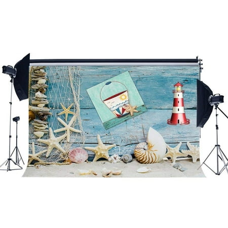 Image of ABPHOTO Polyester 7x5ft Ocean Sailing Backdrop Lighthouse Starfish Shells Fishing Net Sand Beach Rustic Stripes Wood Plank Photography Background for Boys Kids Birthday Party Photo Studio Props