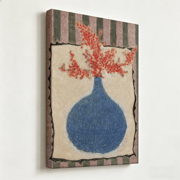 Abstract Blue Vase Red Flowers Framed Canvas Wall Art Eclectic Botanical Poster Textured Print Living Room Kitchen Decor 8*12