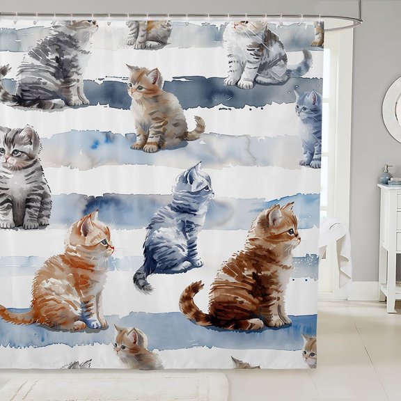 Watercolor Cute Kittens Shower Curtain Blue Striped Cat Fabric Bathroom Decor with Hooks 71x71 inches