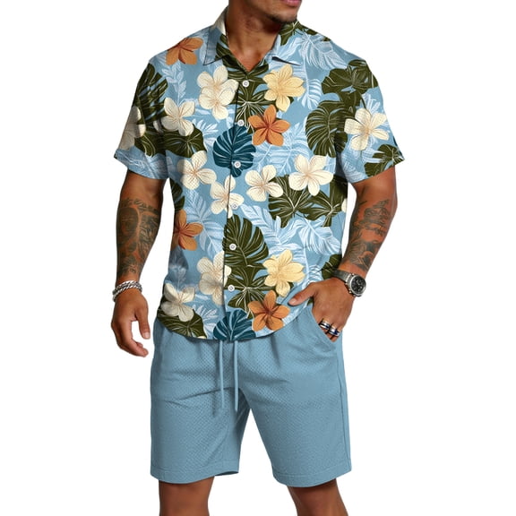 Sewkxo Men's Hawaii 2 Piece Outfit Short Sleeve Lapel Collared Buttons Hawaii Shirt Drawstring Beach Shorts Tropical Beach Casual Outfit with Pockets,Light Blue S