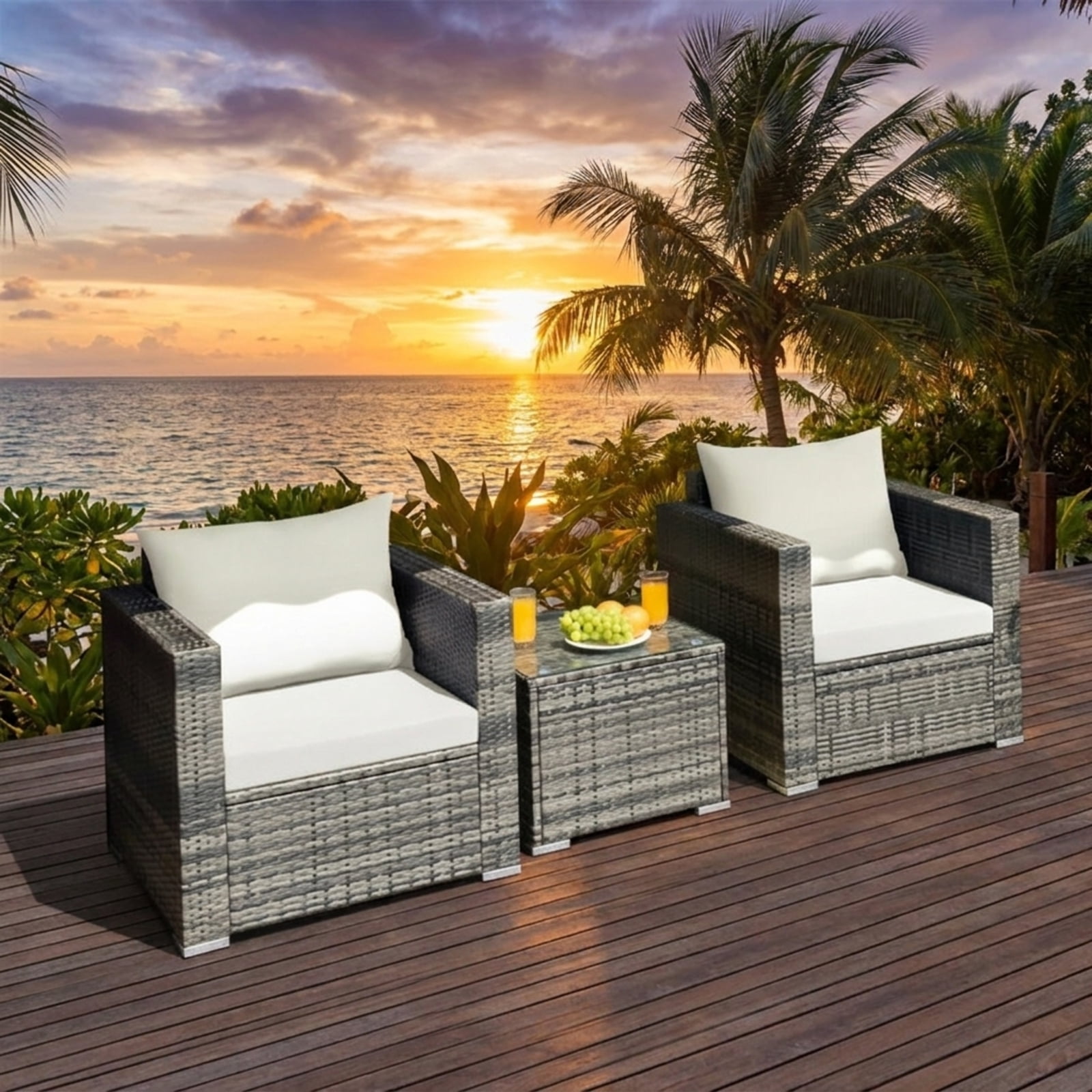 Biotree 3 Piece Patio Rattan Bistro Sofa Set outdoor conversation set with cushions and tempered glass coffee table for balcony garden and porch, White