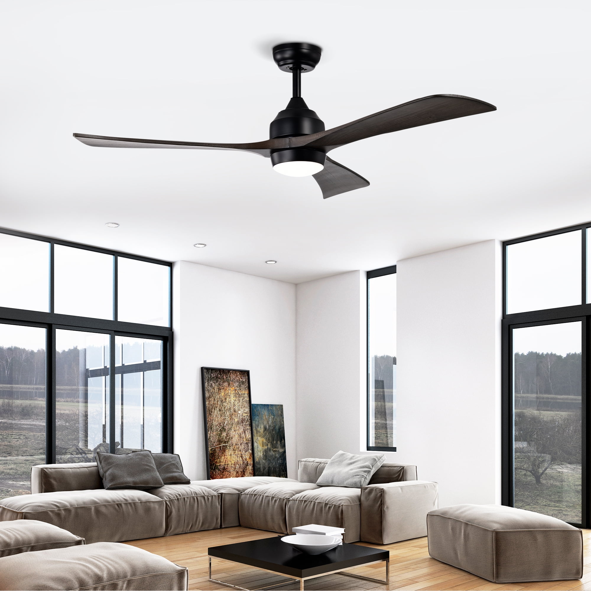 Ceiling Fan with Light, 52 Inch Solid Wood Blade Quiet Fan for Home Office Living Room, Matte Black