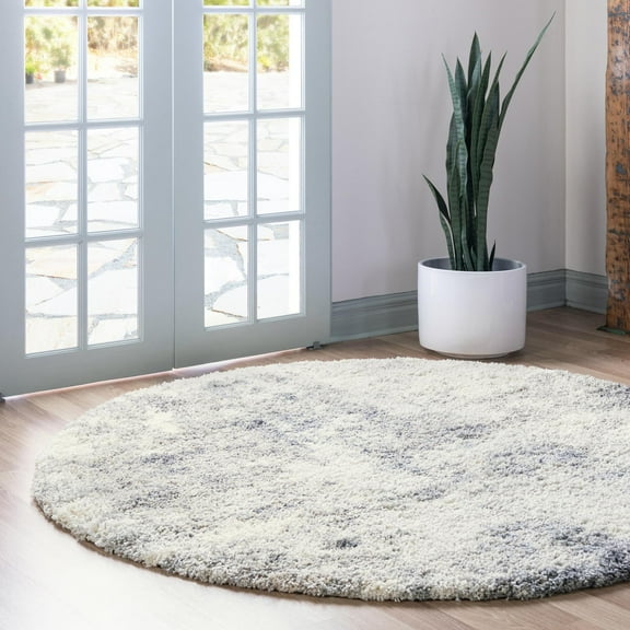 Unique Loom Soft Touch Shag Collection Area Rug - Kofi (3' 3" Round Pebble Gray/Ivory)