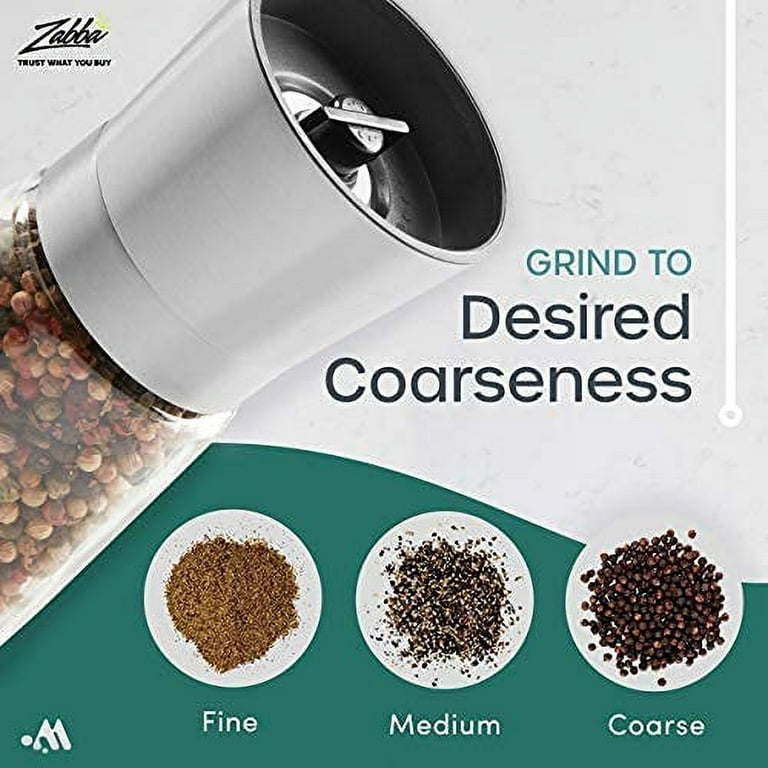 Salt and Pepper Shakers Grinders Set Refillable Stainless Steel, Adjustable  Coarseness Mills Glass Material to Refill Sea Salt,Small Peppercorn,Black