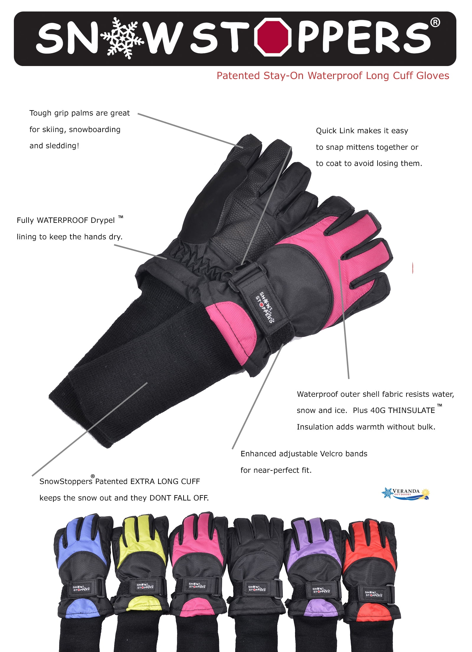 SnowStoppers Kids Ski & Winter Sports Gloves (Large Fuchsia)