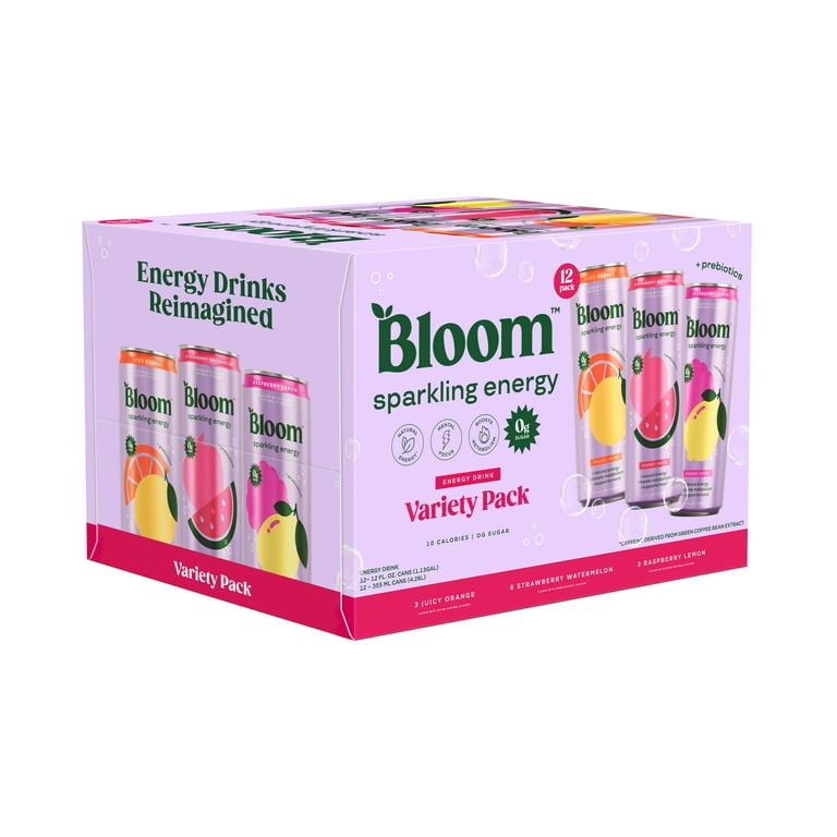 Bloom Nutrition Sparkling Energy Drink, Variety, 12 fl oz Cans, 12