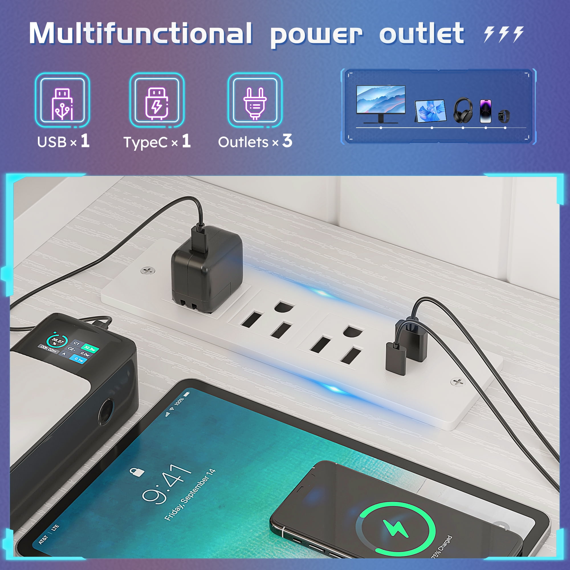 EnHomee 40" Desk with Power Outlets and LED Lights, Computer Desk with Drawers & Storage, Gaming Desk with Monitor Stand, White