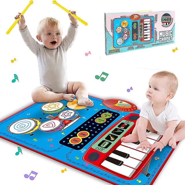 Juego de tapete Musical eléctrico 2 en 1 para niños pequeños, tapete de Piano y tambor con 2 palos, manta de aprendizaje Musical, alfombra de juguete