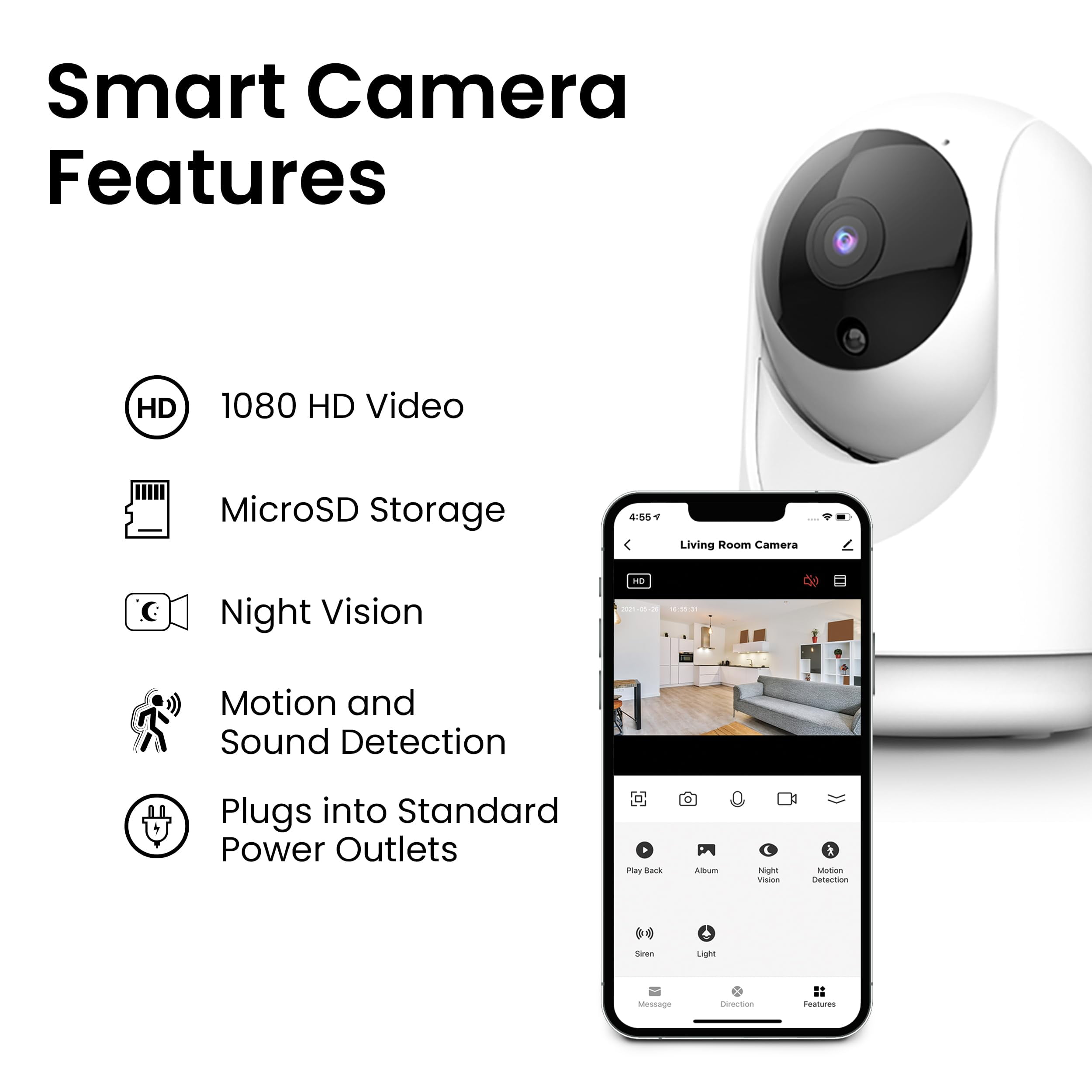 Feit Electric Indoor Security Camera with Motion Detection, 30ft. Night Vision, Pan and Tilt Head, 2.4GHz WiFi, 2-Way Audio, 1080p HD, Works with Alexa & Google Asst, Plug-in, White, CAM/PAN/WiFi/
