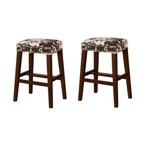 Home Square 2 Piece Wood Cow Print Bar Stool Set in Brown