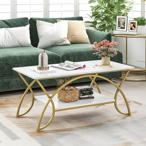 Costway Coffee Table Modern Marble 2-Tier Coffee Table Gold Rectangle for Living Room