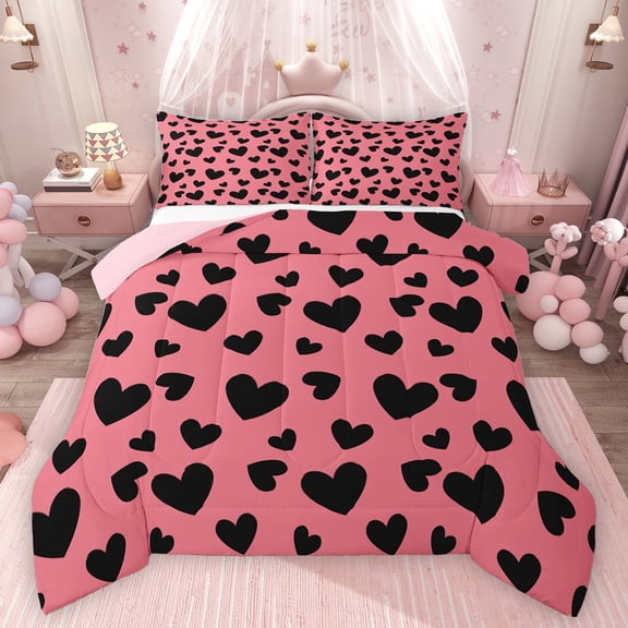 Feelyou Romantic Love Heart Bedding Comforter Set, Fashion Abstract Polkadots Twin Comforter Sets, Teens Kids Girls Women Reversible Bedding Set, Microfiber Bedroom Decor, 2pcs