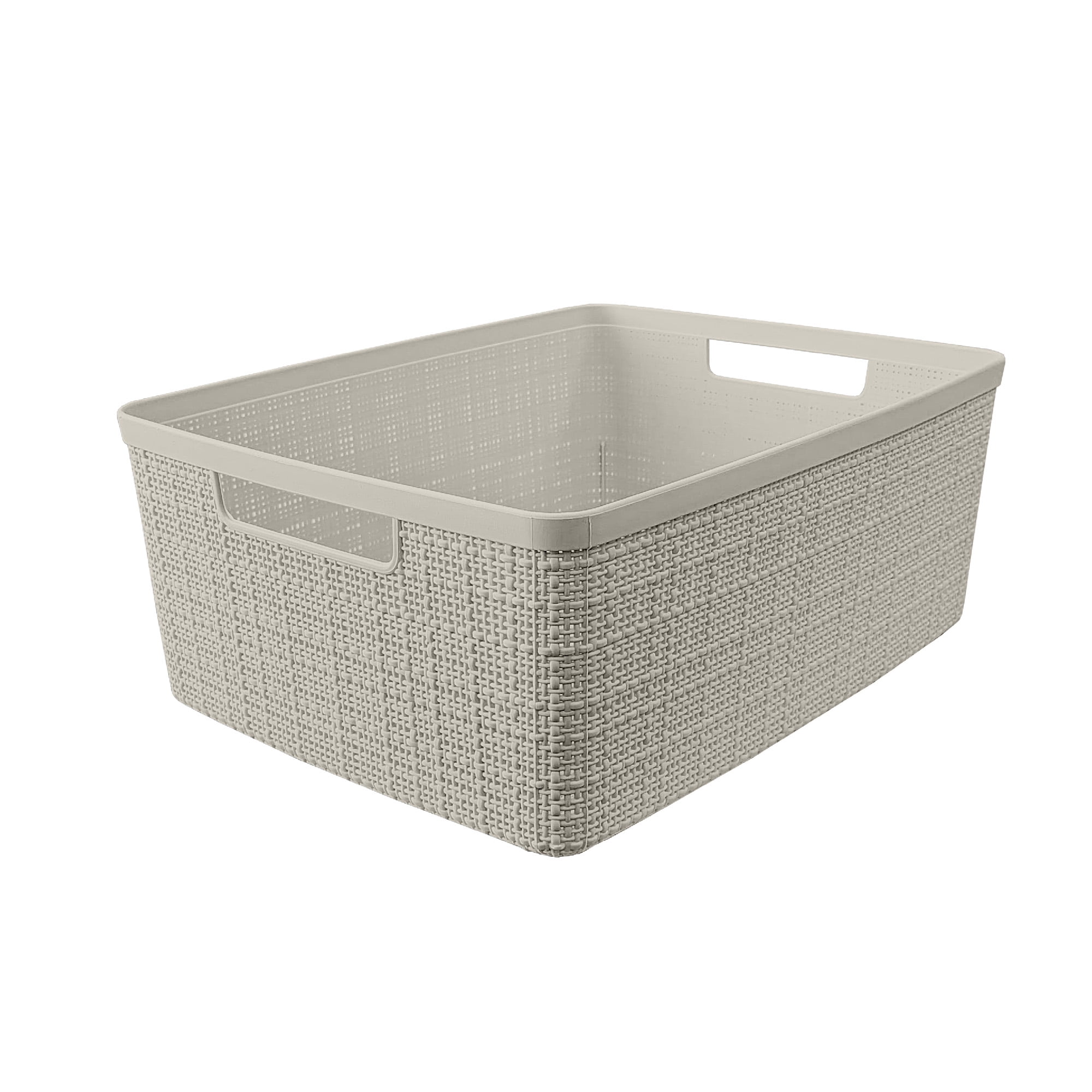 (3 pack) Curver Jute Medium Beige Plastic Storage Basket, 14 in x 10.7 in x 5.7 in