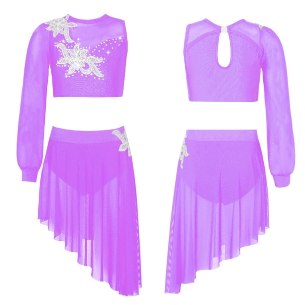 Kids Girls Sheer Mesh Lyrical Dance Outfit Ballet Tutu One Shoulder Long Sleeve Crop Top with Leotard Skirt Ballerina Dancewear12 Gong Bohan LED