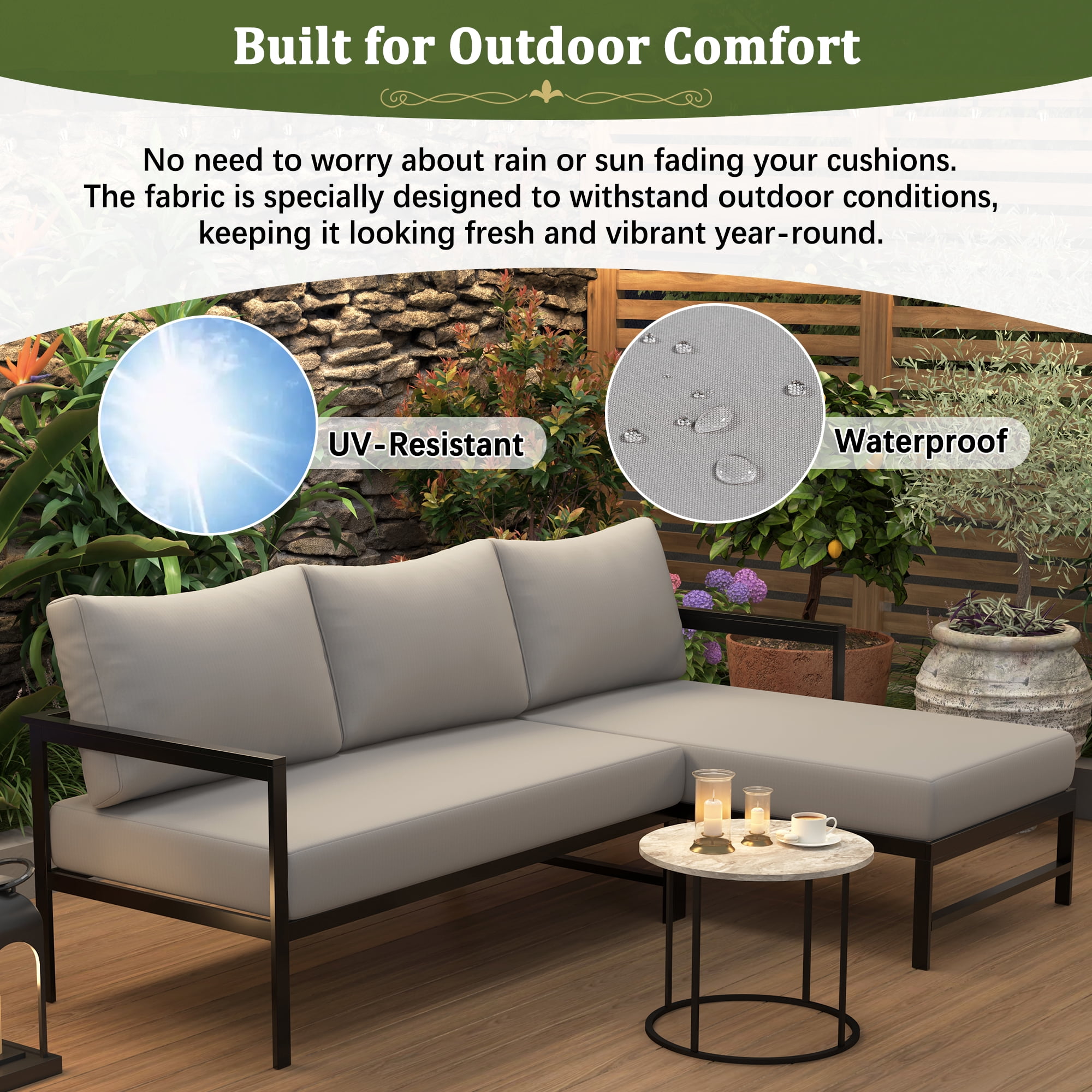 Outdoor L-Shaped Sectional Sofa with Iron Frame, Weather-Resistant Patio Set with 5.9 Inch Thick Cushions, Comfortable Seating for 3, Gray