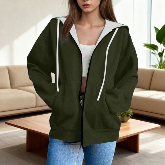 Womens Hoodies Zipper Pocket Drawstring Hooded Long Sleeve Solid Print Jacket Top for Casual Wear Women's Sweatshirts Army Green L