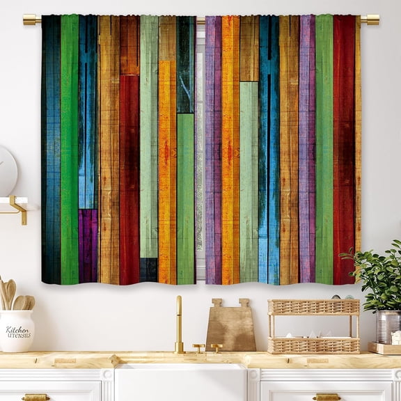 Farmhouse Teal Brown Wooden Barn Door Kitchen Curtains Country Wood Western Small Short Cafe Window Curtains Rustic Vintage Bathroom Drapes Treatment Tier Curtains 2 Panels (27.5x39 Inch)